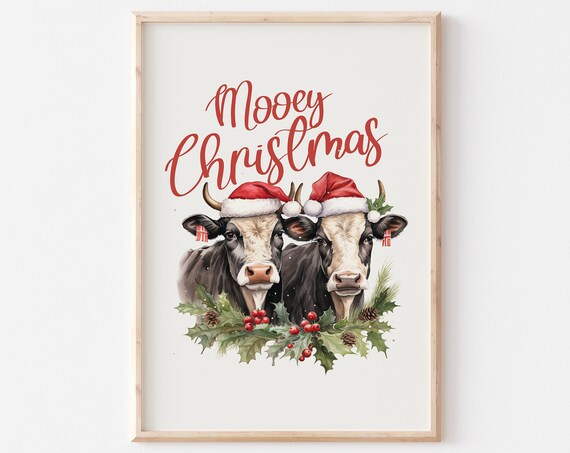 Mooey Christmas Two Cows In Santa Hats With Holly Farmhouse Poster