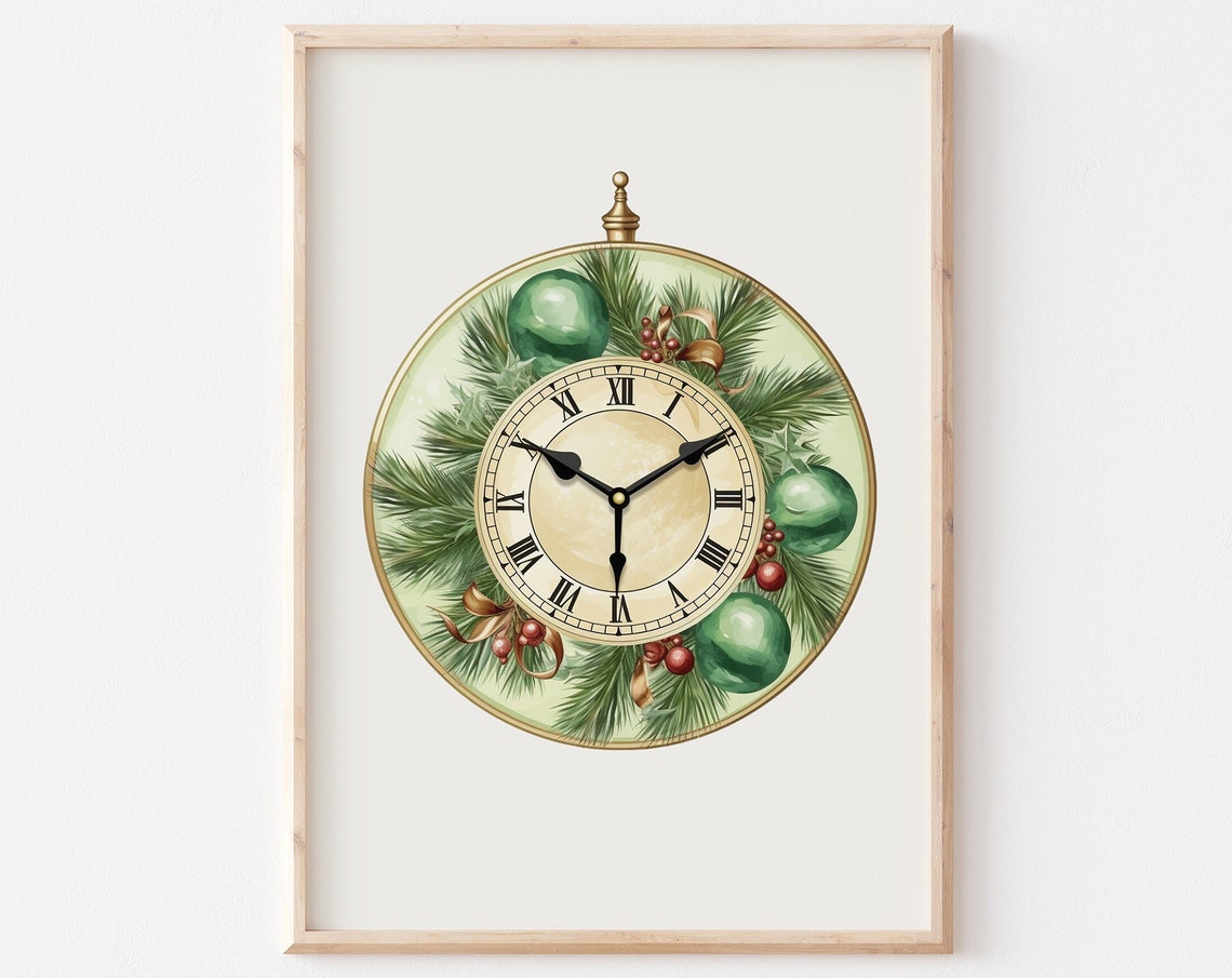 Gold Antique Clock With Pine Green Baubles Berries Holiday Poster
