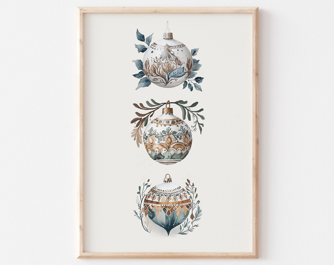 Three Hand Painted Folk Pattern Christmas Baubles Watercolor Poster