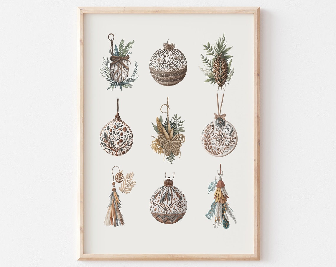 Nine Boho Botanical Christmas Ornaments Neutral Rustic Holiday Poster