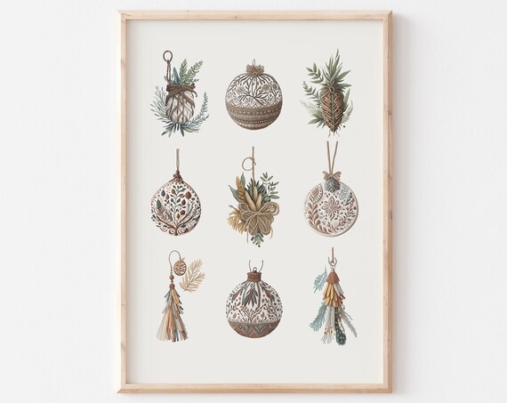 Nine Boho Botanical Christmas Ornaments Neutral Rustic Holiday Poster
