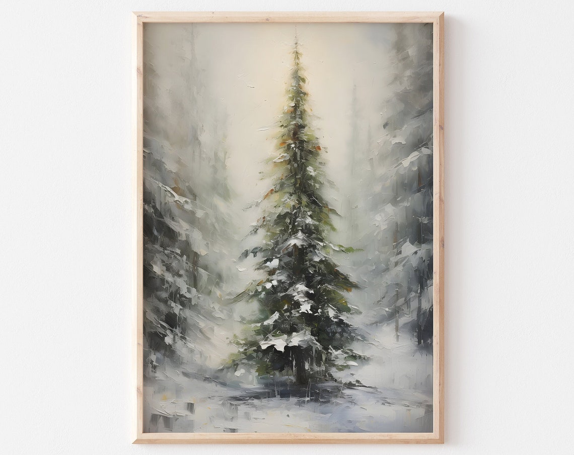 Snowy Evergreen Tree Misty Winter Forest Oil Style Christmas Wall Art