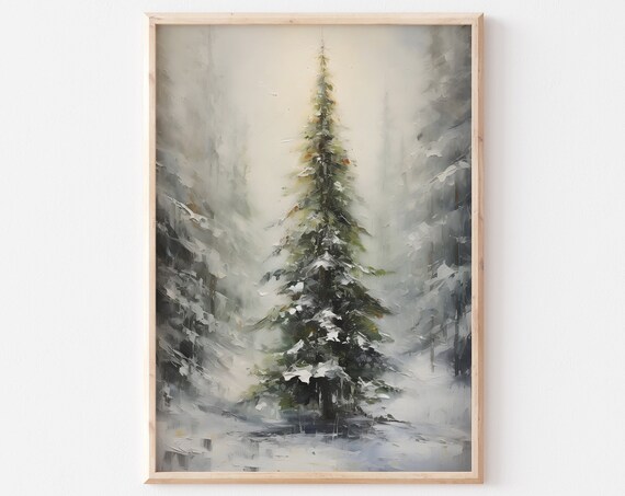 Snowy Evergreen Tree Misty Winter Forest Oil Style Christmas Wall Art