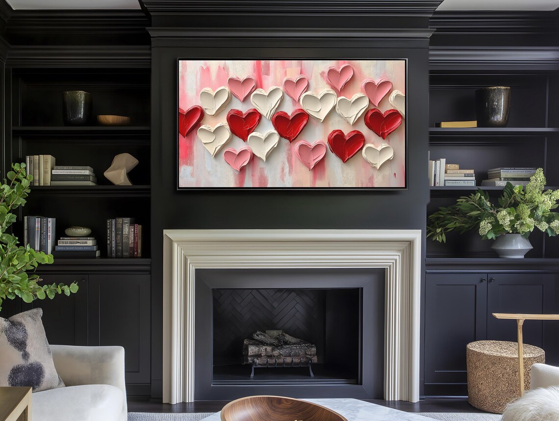 Romantic Textured Heart Painting Frame Tv Art Oil Paint Abstract Palette Knife Red White Love Art Trendy - Image 5
