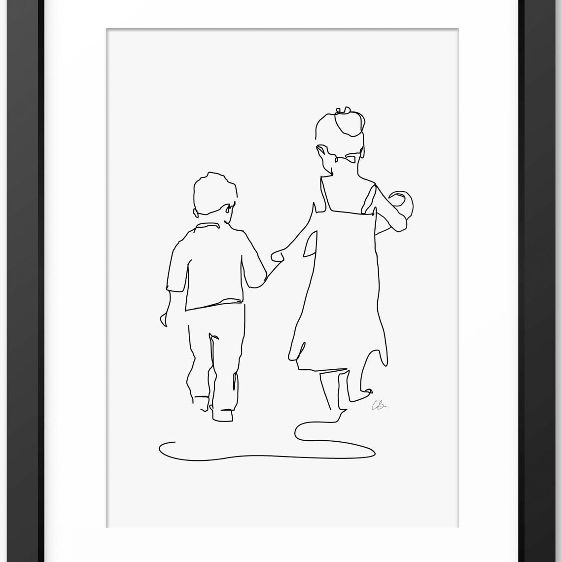 Big Sister and Little Brother Walking Hand in Hand Line Art Poster