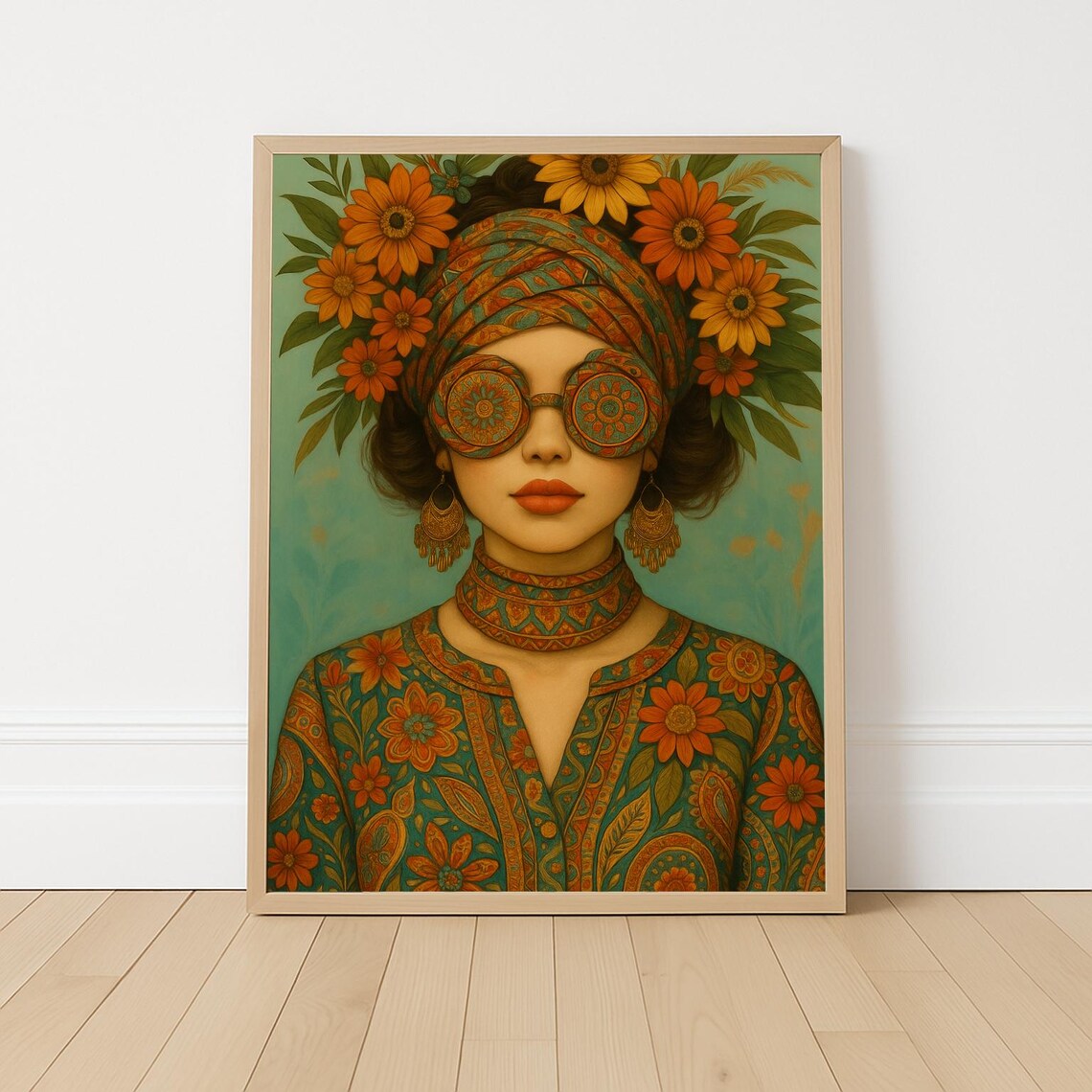 Boho Floral Woman Portrait, Retro Hippie Style