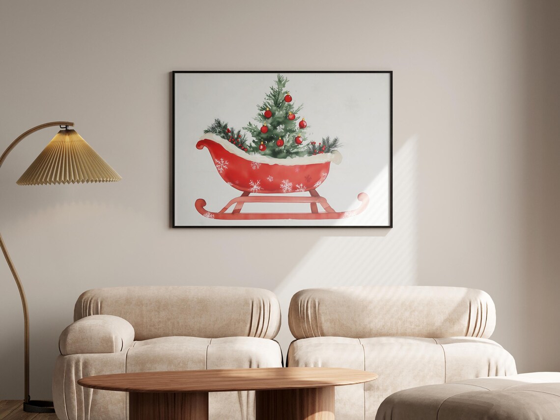 Red Watercolor Christmas Sleigh With Mini Tree And Ornaments Poster - Image 3