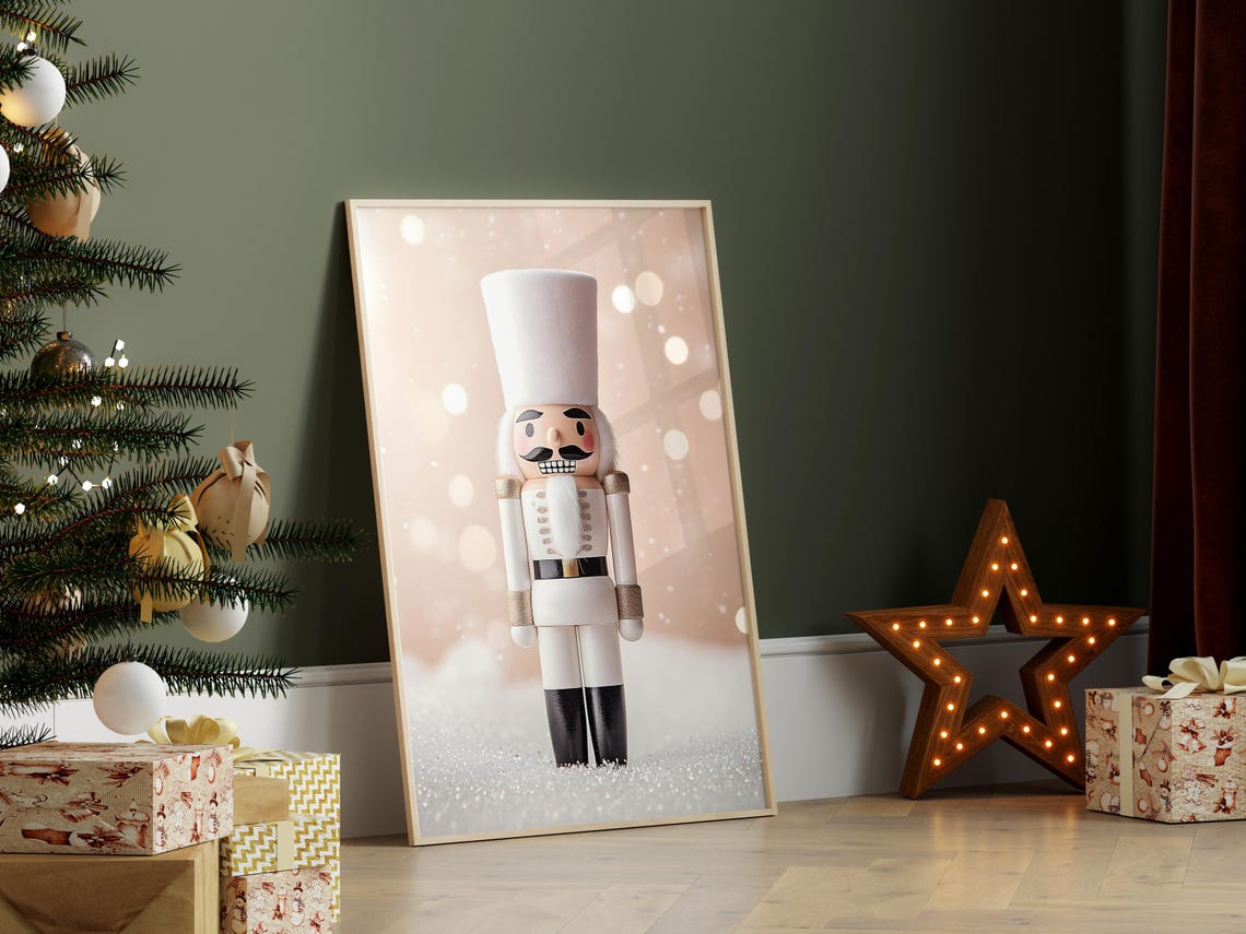 White Nutcracker Soldier Blush Pink Snowfall Christmas Poster - Image 7