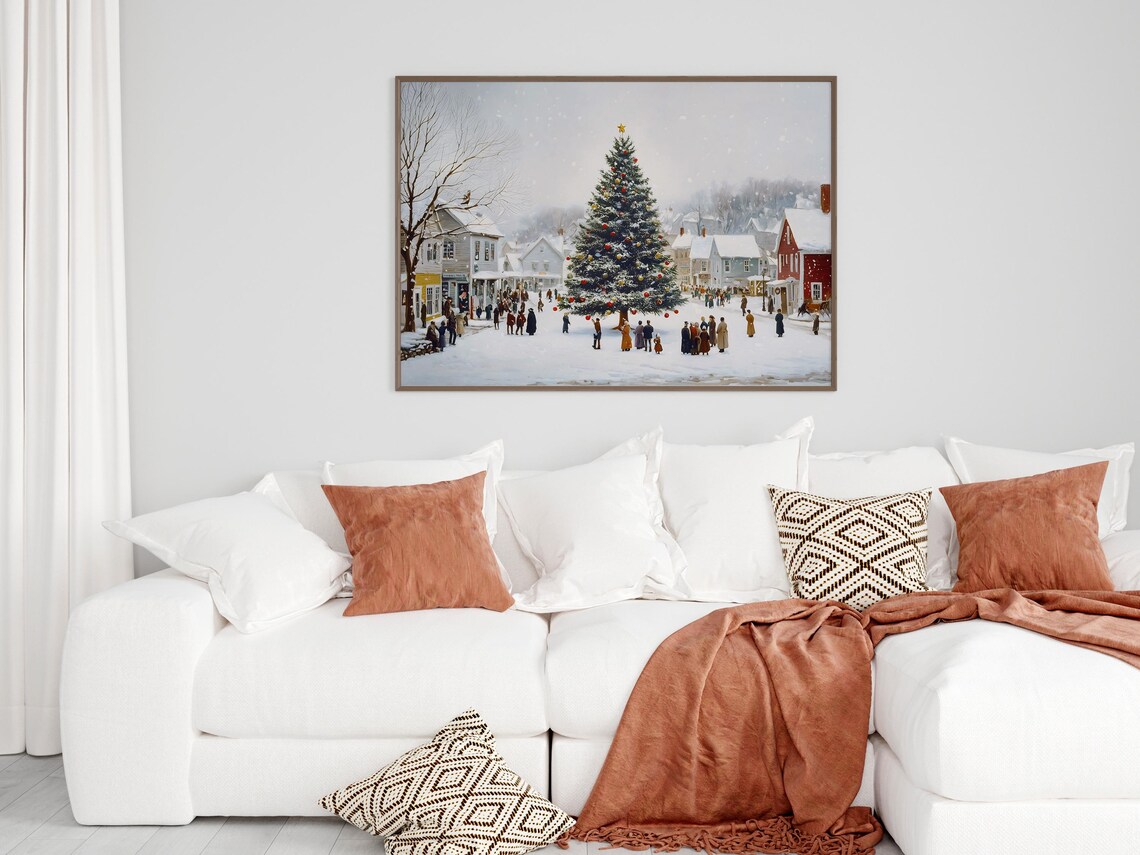 Snowy Village Square Giant Christmas Tree Vintage Holiday Poster - Image 6