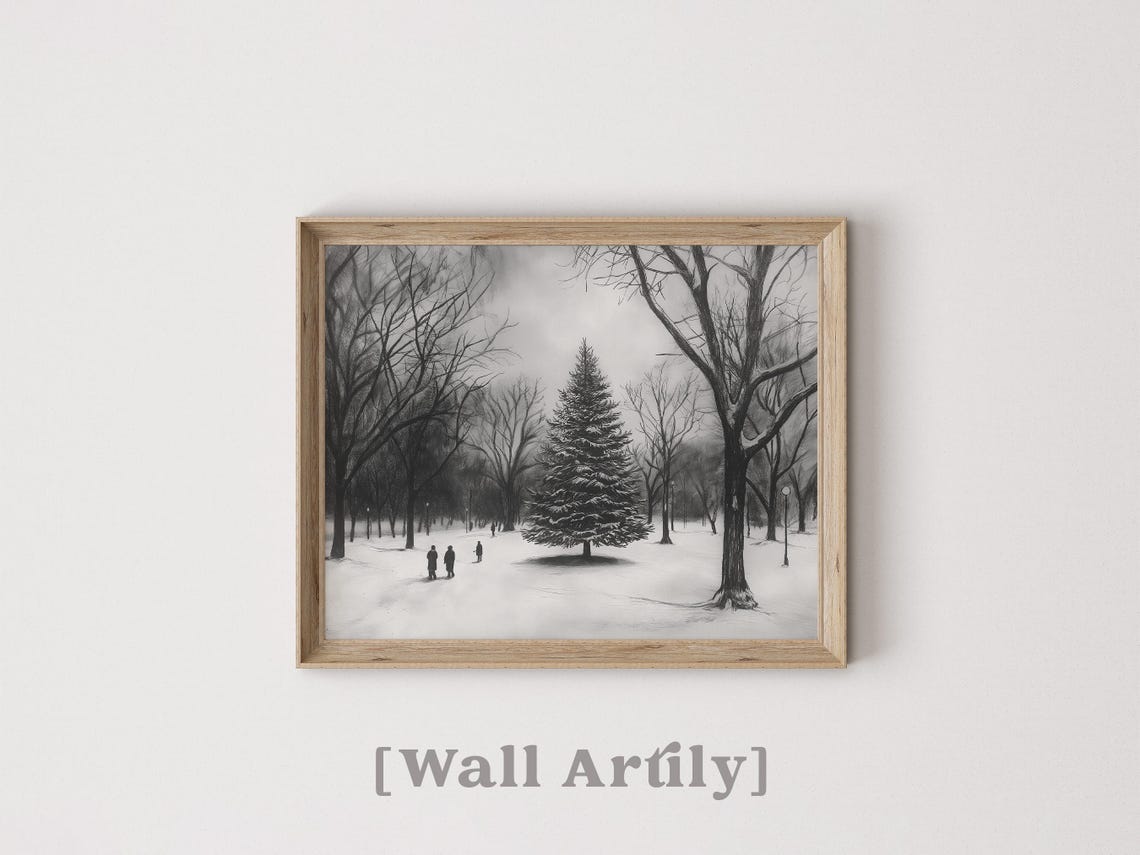 Monochrome Pencil Sketch Snowy Park Christmas Tree Drawing Poster - Image 3