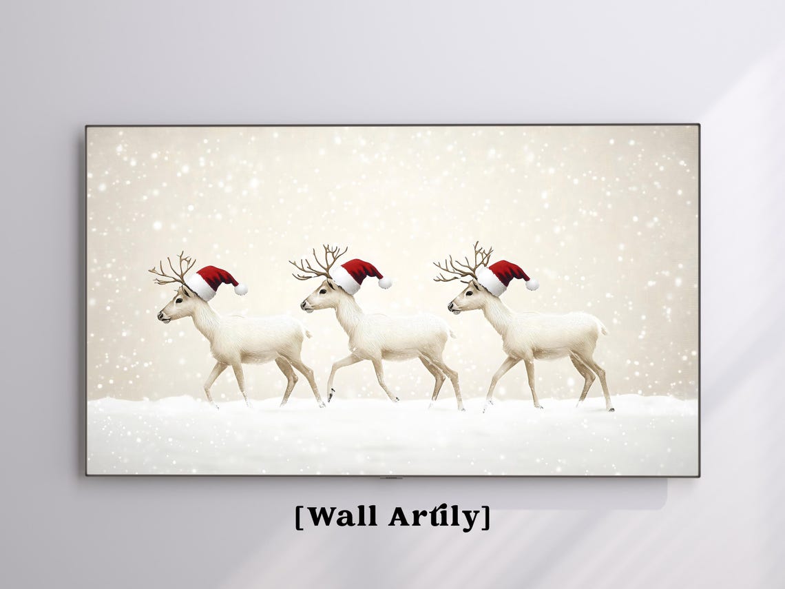 Three White Deer in Santa Hats Christmas Snow Scene Holiday Poster - Image 7