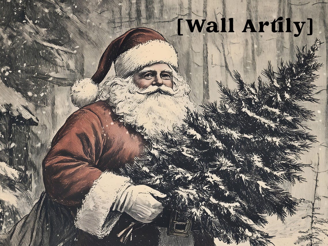 Vintage Santa Carrying Christmas Tree Through Snowy Forest Poster - Image 3