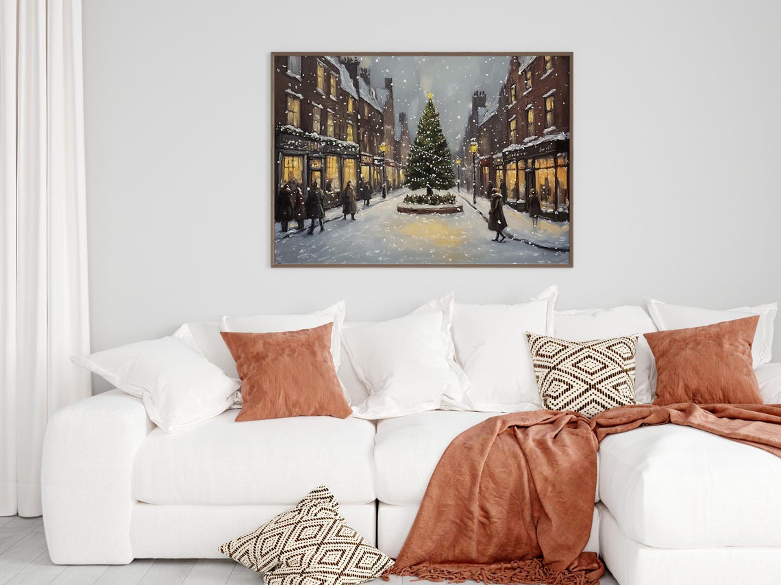 Snowy Old Town Street Christmas Tree Night Lamp Vintage Art Poster - Image 5