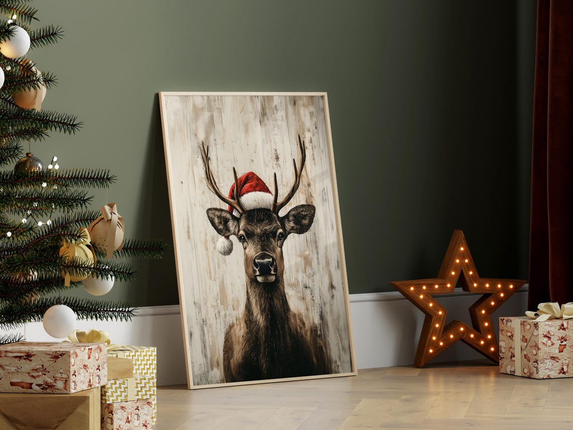 Reindeer Wearing Santa Hat Rustic Christmas Wood Sign Style Poster - Image 5