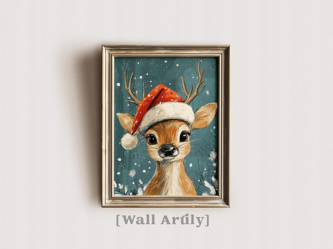 Cute Reindeer Santa Hat Christmas Snowy Woodland Animal Poster - Image 4