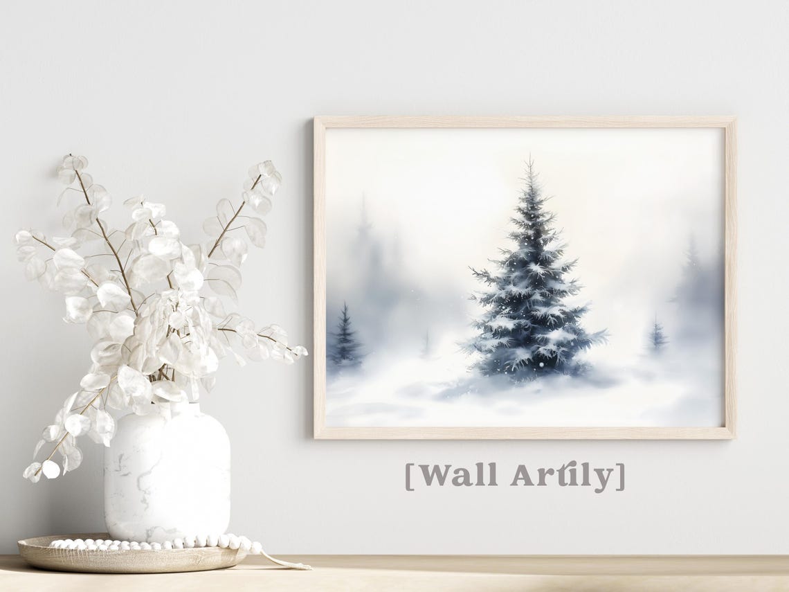 Misty Snowy Pine Tree Foggy Winter Forest Watercolor Decor Poster - Image 7