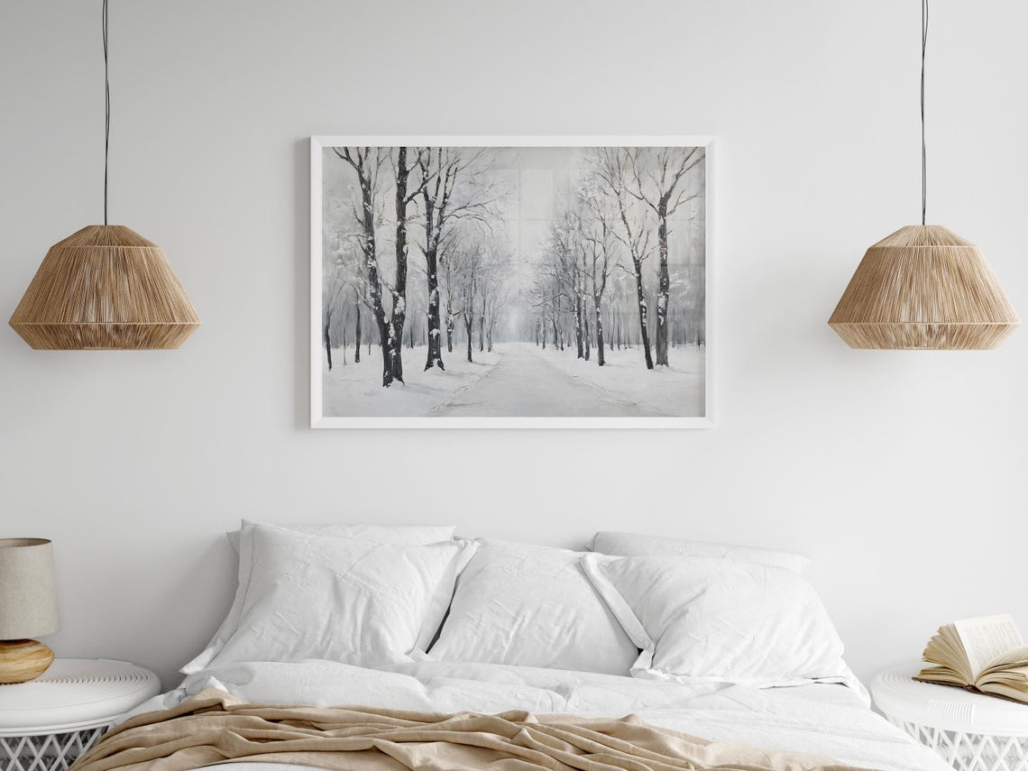 Snowy Bare Trees Lining A Misty Winter Path Monochrome Poster - Image 7