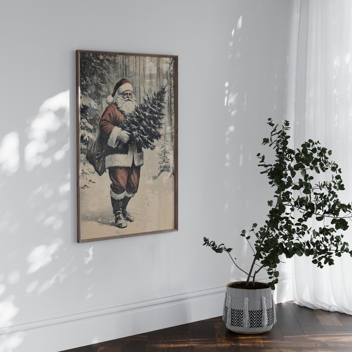 Vintage Santa Carrying Christmas Tree Through Snowy Forest Poster - Image 4
