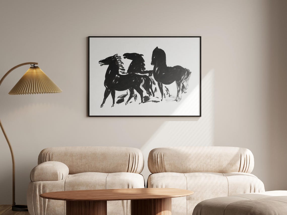 Three Black Horses Ink Sketch Minimalist Equestrian Art Poster - Image 2