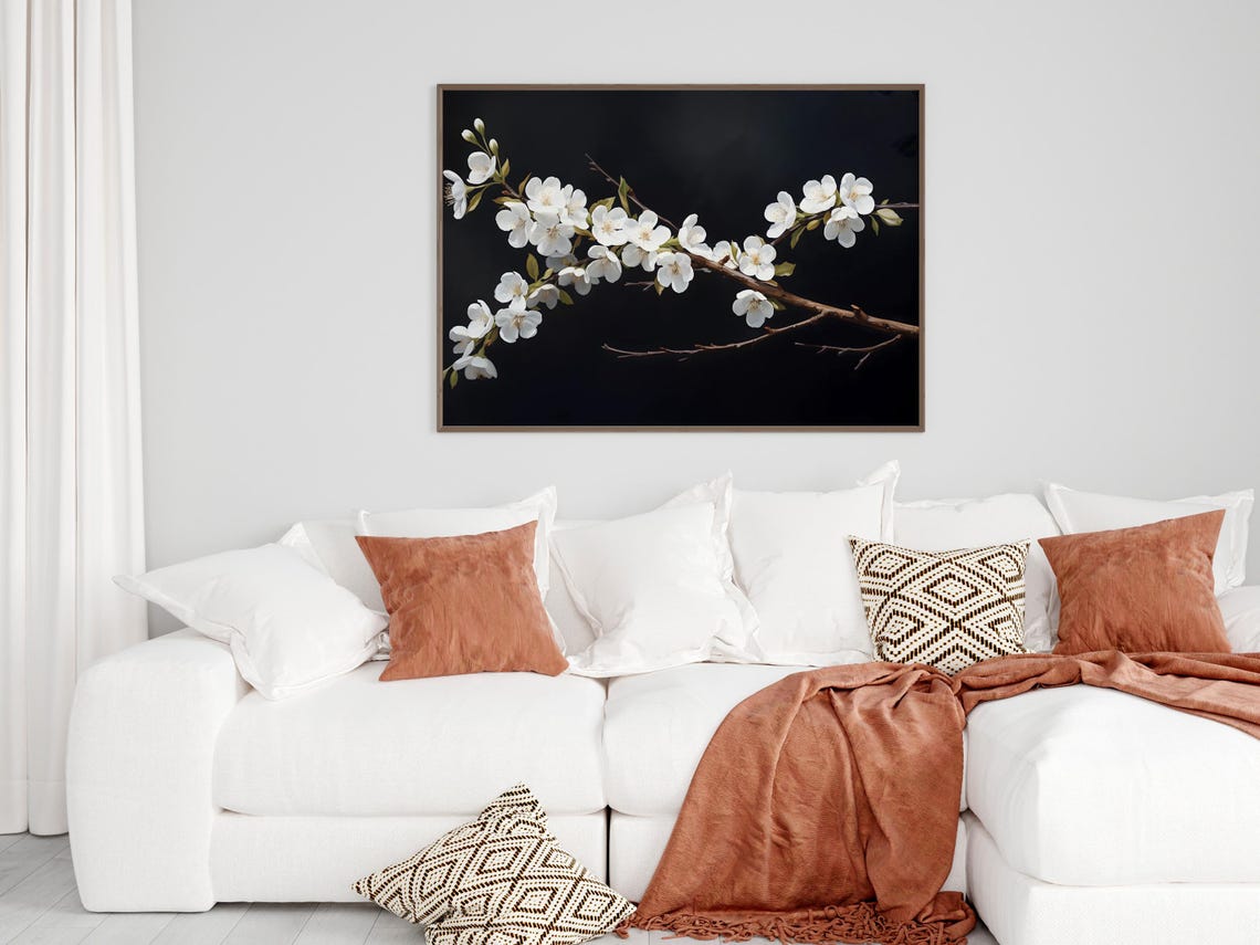 White Cherry Blossom Moody Black Background Floral Art Poster - Image 2