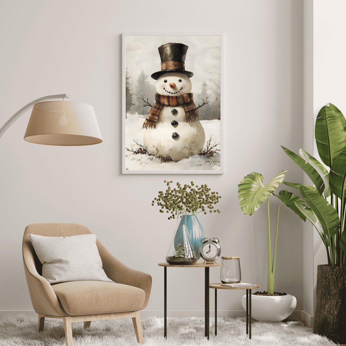 Watercolor Snowman Top Hat Plaid Scarf Christmas Winter Poster - Image 2