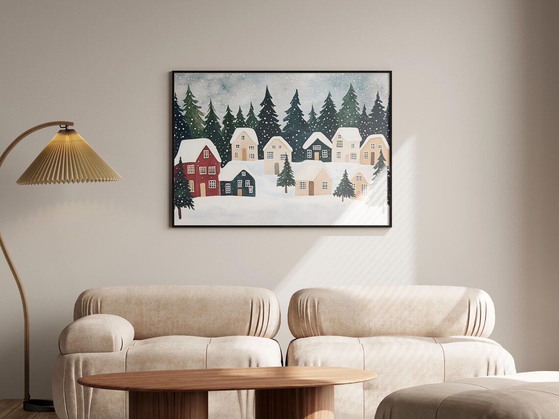 Snowy Village Winter Village Scene Holiday Art Print - Image 4