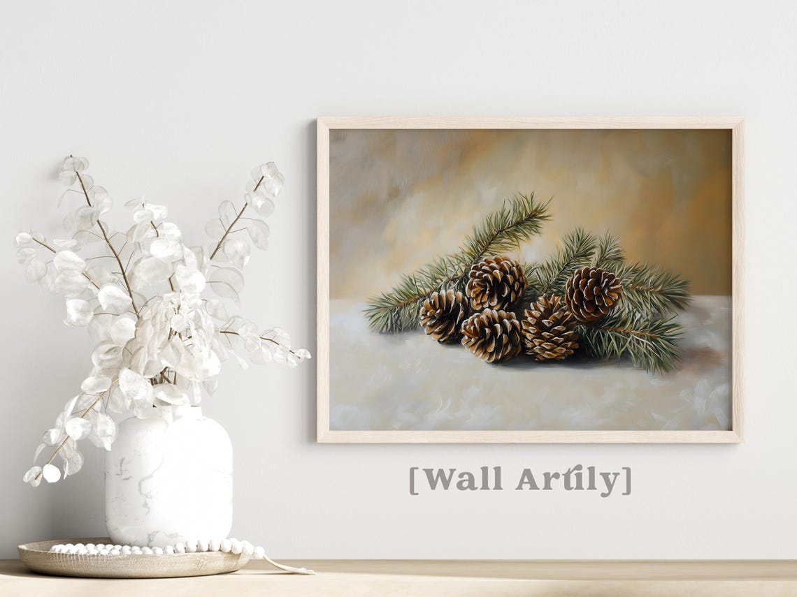 Pinecones And Evergreen Sprigs Winter Still Life Painting Poster - Image 3