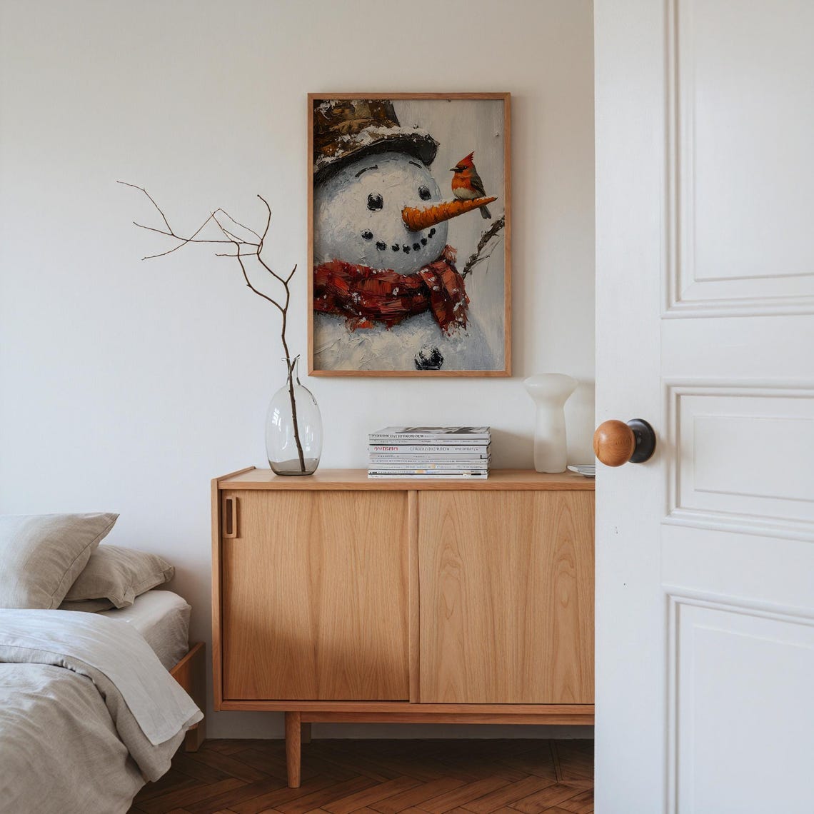 Smiling Snowman Face With Bird Perched On Carrot Nose Poster - Image 2