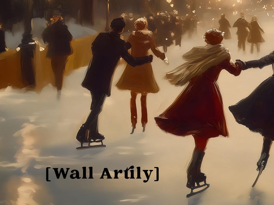 Vintage Couples Ice Skating On A Frozen Rink At Night Poster