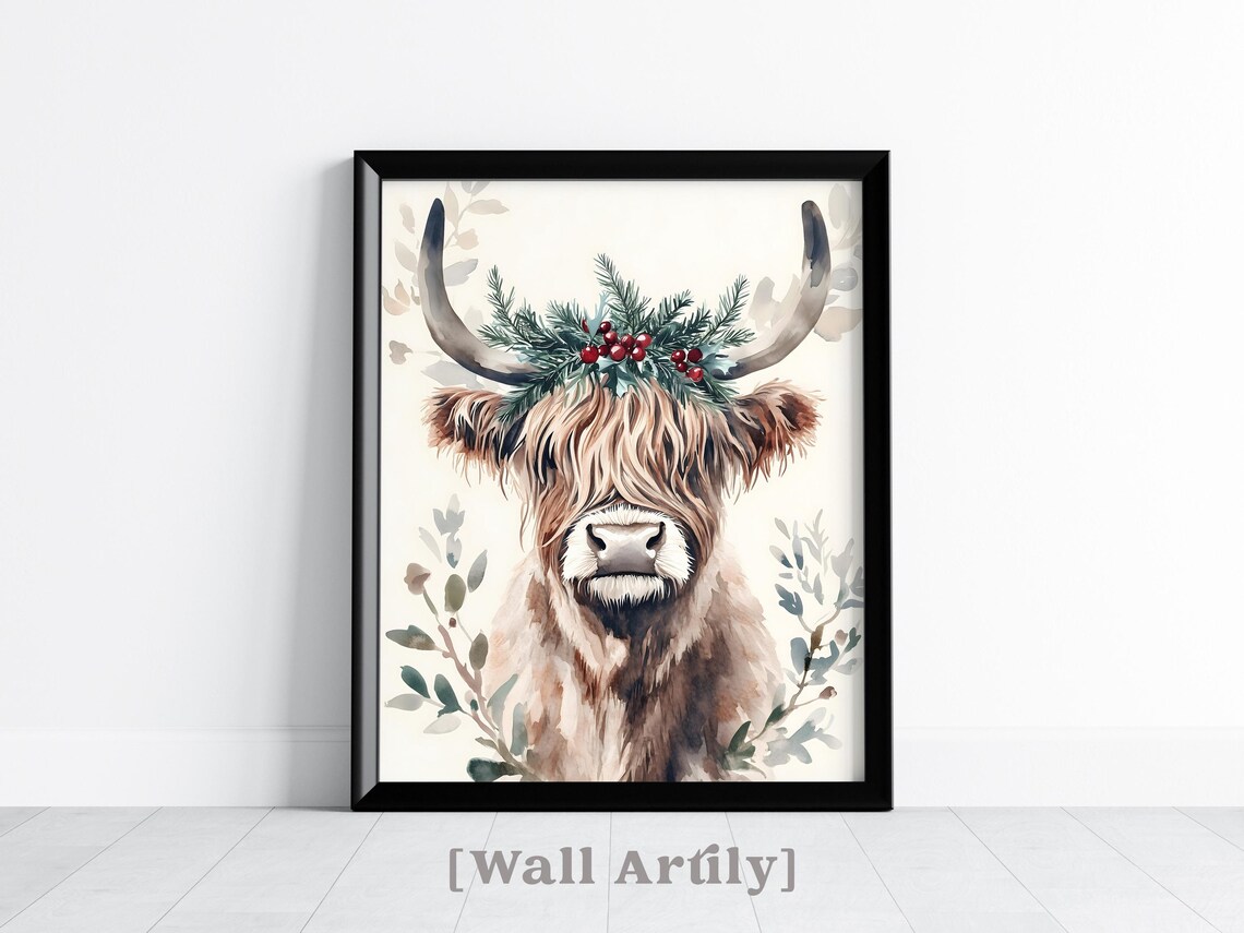 Highland Cow Mistletoe Crown Watercolor Christmas Animal Poster - Image 2