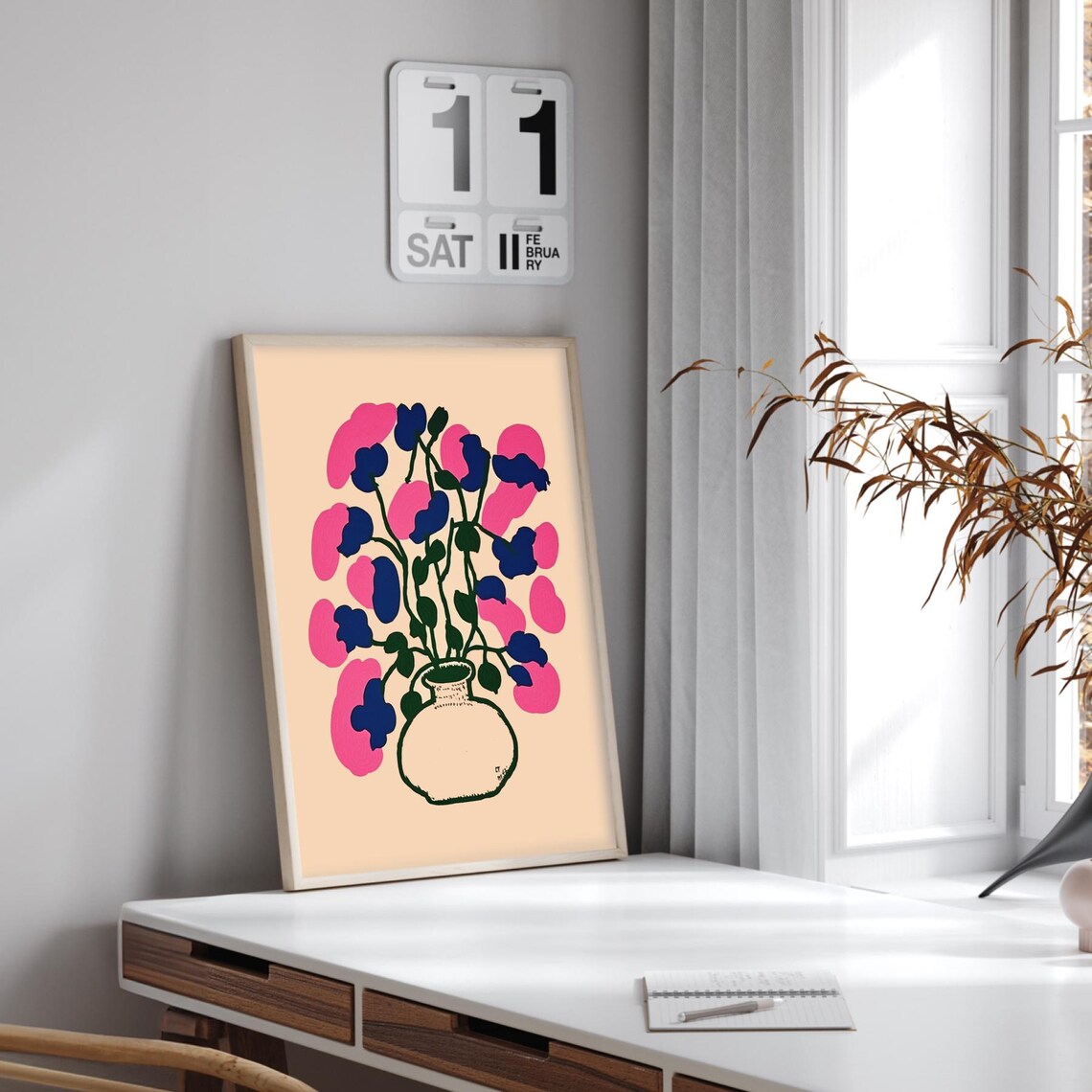 Bold Pink and Blue Wildflowers in Vase Abstract Floral Poster - Image 2
