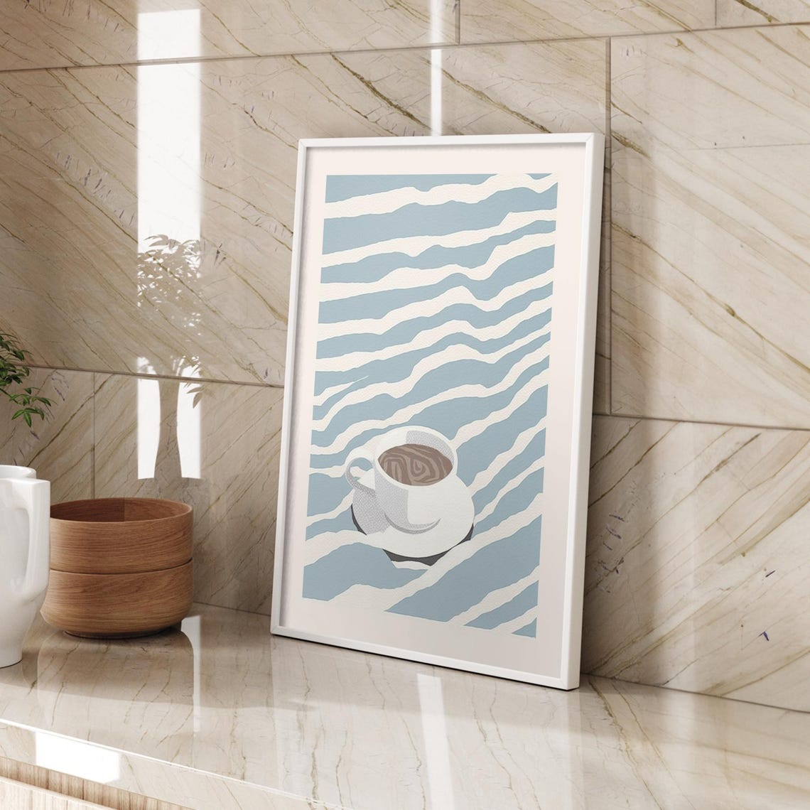 White Coffee Cup Floating on Wavy Blue Ocean Stripes Kitchen Poster - Image 4