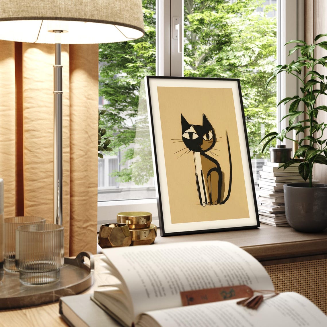 Mid Century Modern Black Cat Line Art Beige Minimalist Poster - Image 3