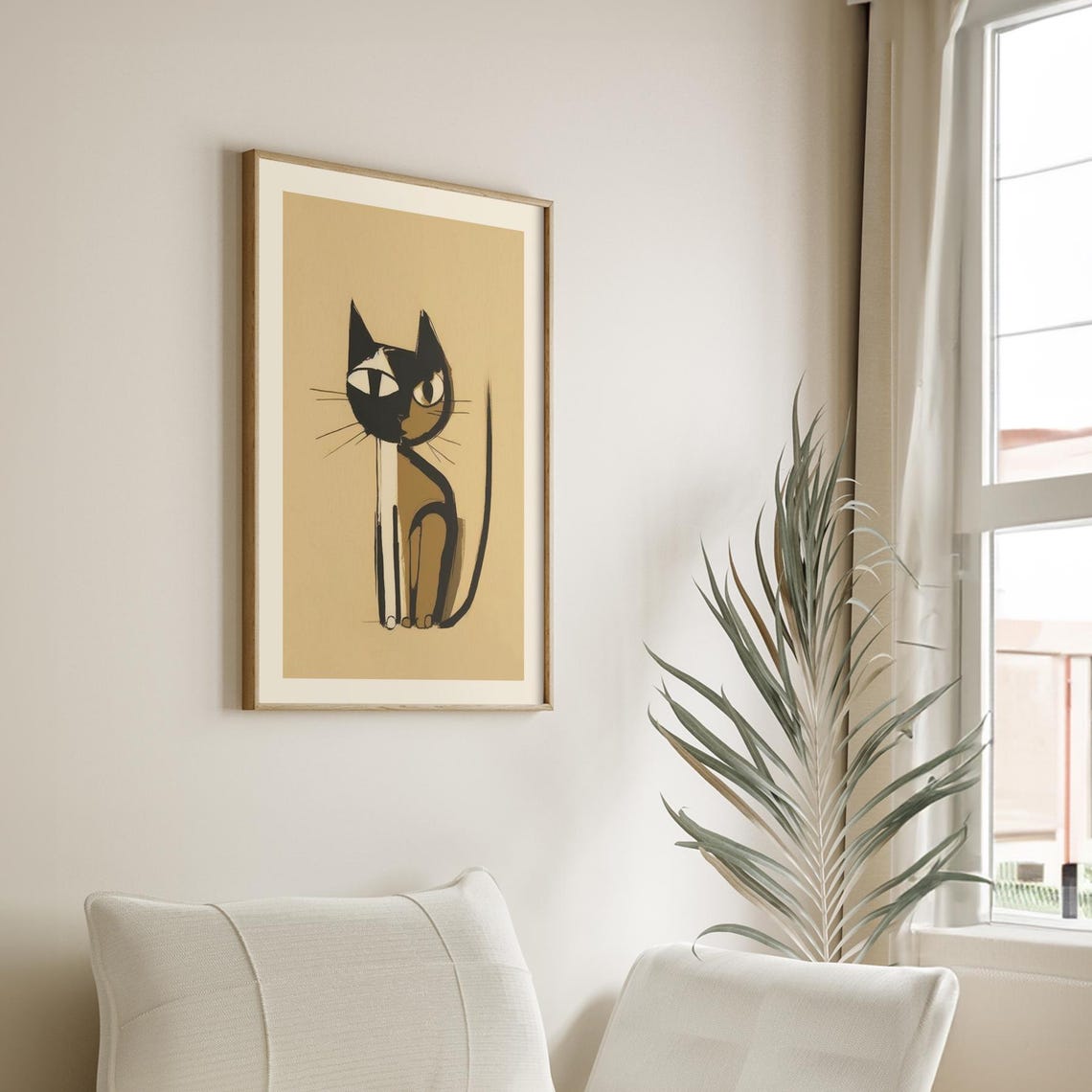 Mid Century Modern Black Cat Line Art Beige Minimalist Poster - Image 4