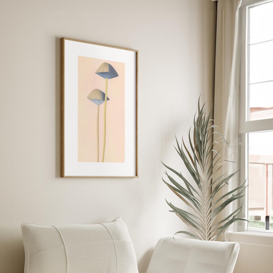 Tall Slender Minimalist Mushroom Blue Cream Modern Art Poster - Image 4