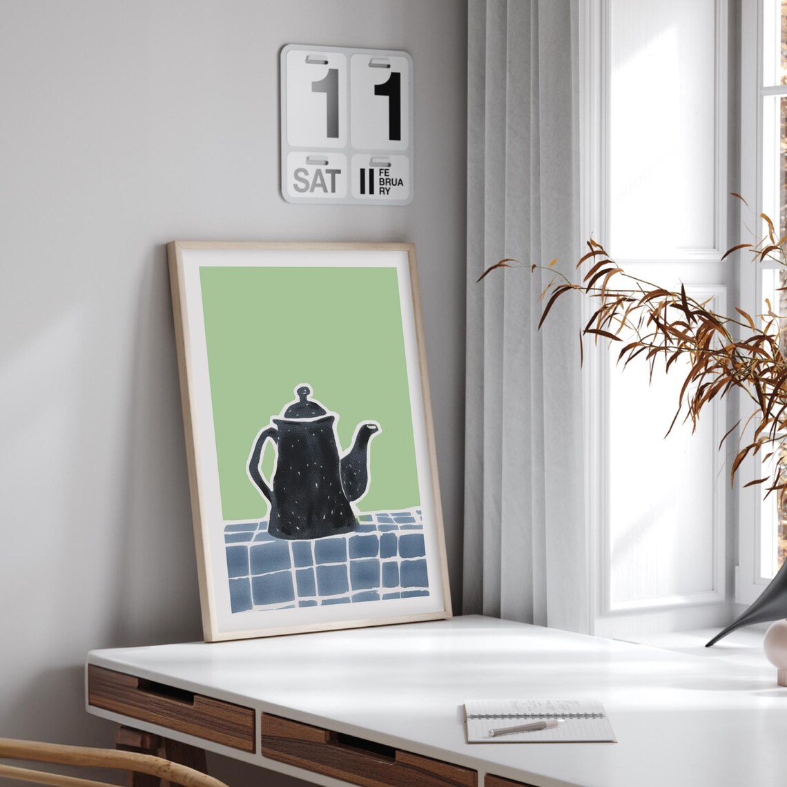 Classic Black Teapot Green Minimalist Kitchen Still Life Poster - Image 3