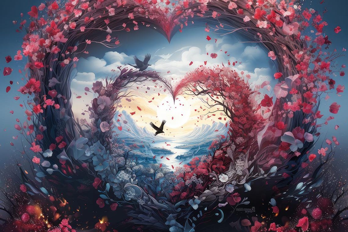 Heart Shaped Blossom Frame With a Dreamy Romantic Sunset Poster