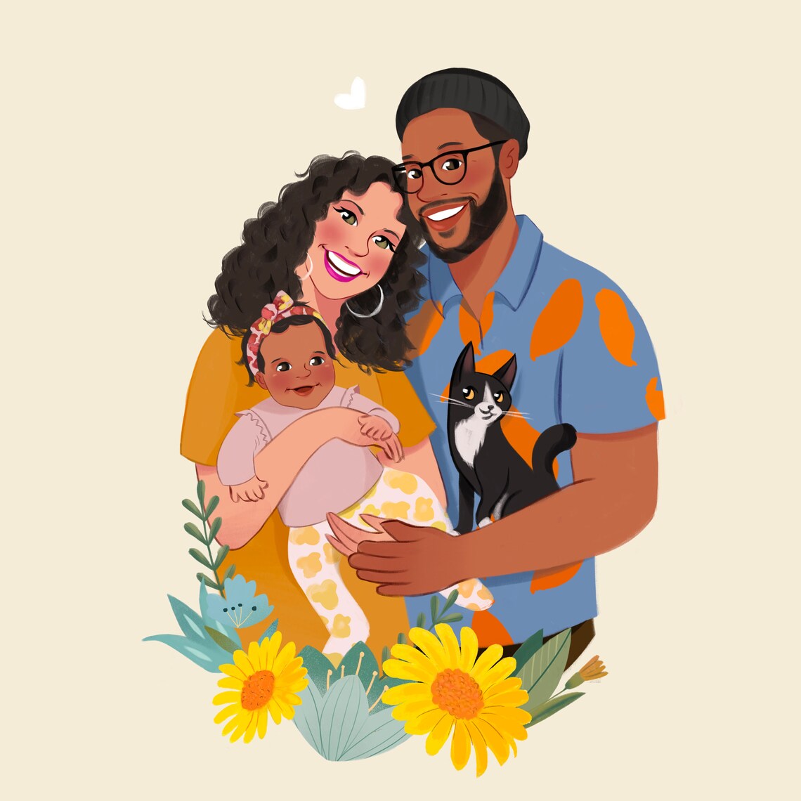 Cheerful Custom Family Portrait With Baby Girl And Black Cat Poster