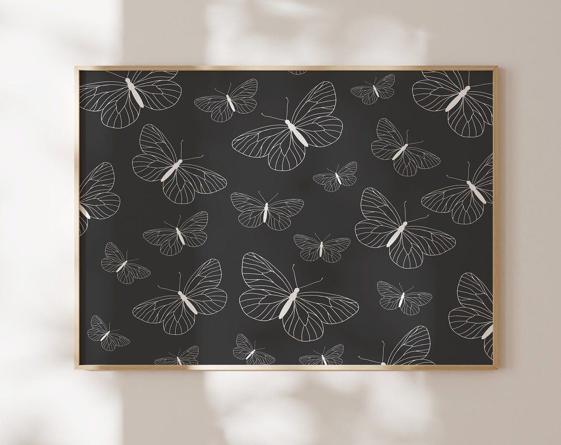 Black and White Butterfly Line Art Pattern Elegant Art Poster