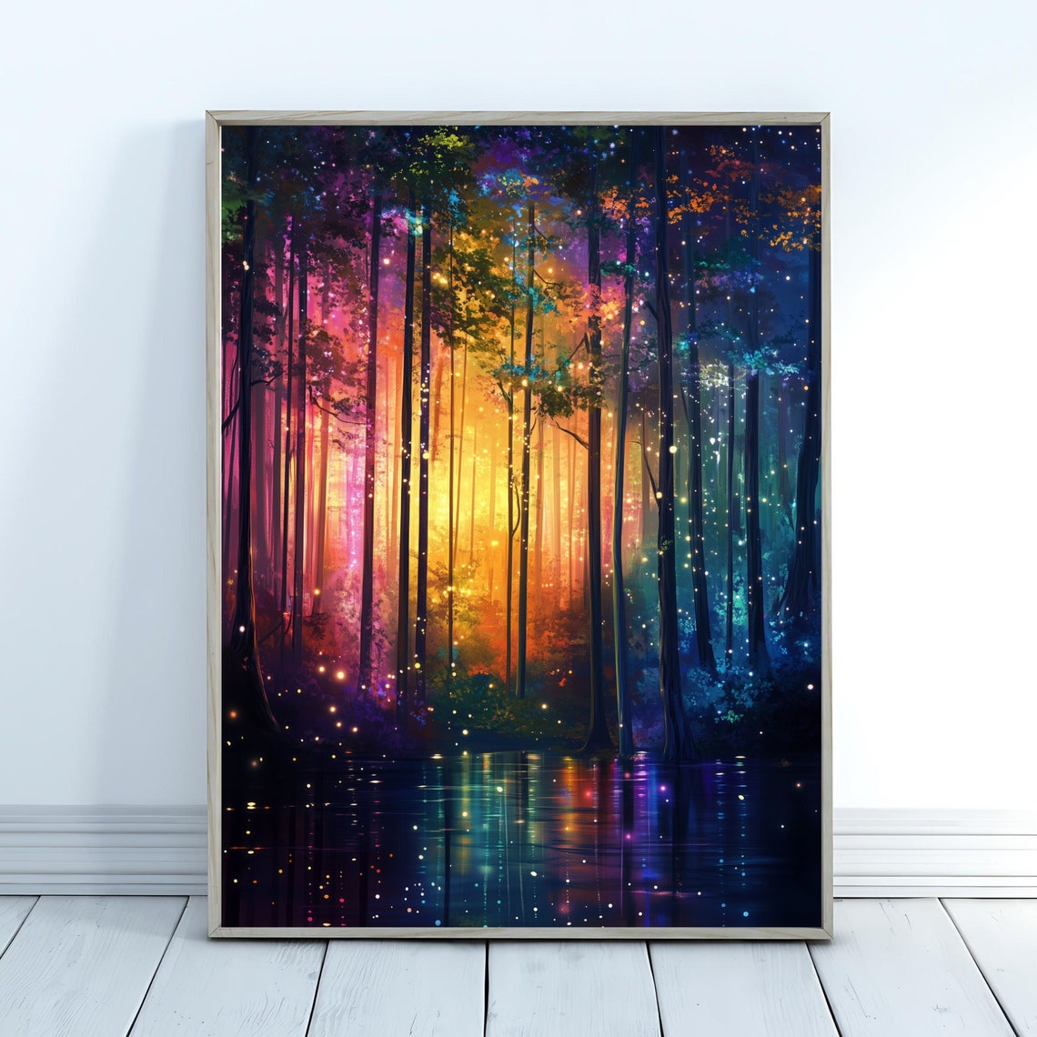 Rainbow Neon Forest Starry Sky Reflection Magical Trees Art Poster
