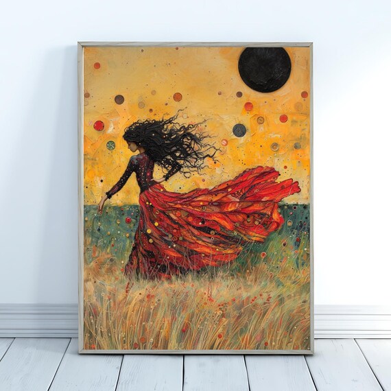 Woman In Red Dress Dancing Wheat Field Golden Sky Artistic Wall Poster