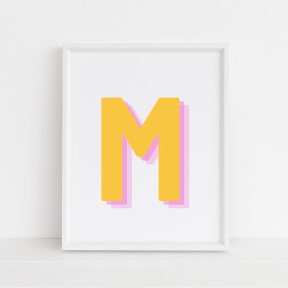 Retro 3d Letter M Print Monogram Yellow And Pink Initial Alphabet Baby Art Wall
