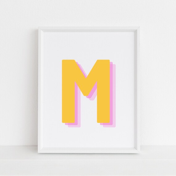 Retro 3D Letter M Yellow Pink Monogram Initial Typography Poster
