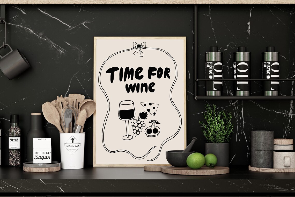 Hand Drawn Time for Wine With Cheese and Grapes Doodle Kitchen Poster - Image 5