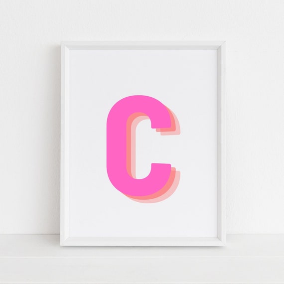 Retro 3d Letter C Print Monogram Letter Print Pink And Orange Letter Initial Alphabet Print Baby Letter Art Wall Art