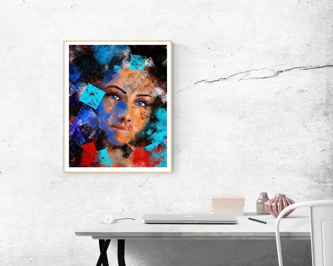 Abstract Womans Face Blue Red Geometric Grunge Fragments Poster - Image 5