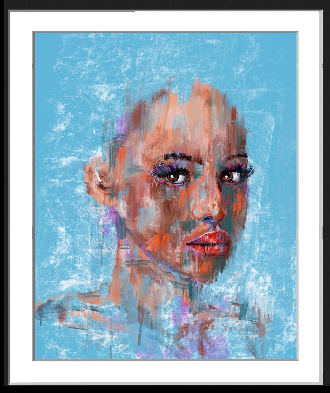 Abstract Blue Painted Portrait of a Woman's Face Modern Art Poster - Image 2