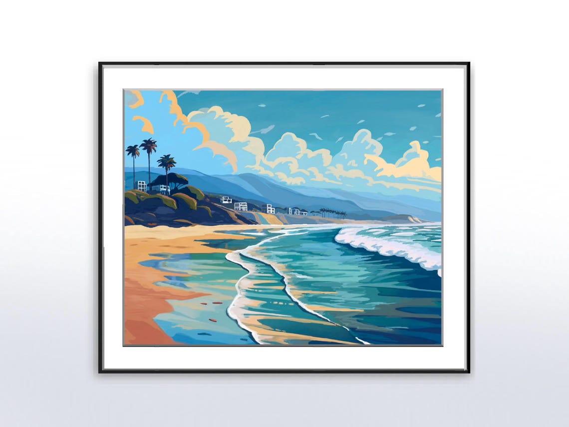 Beach Day Waves Sand Palms Puffy Clouds Coastal Seascape Poster - Image 5