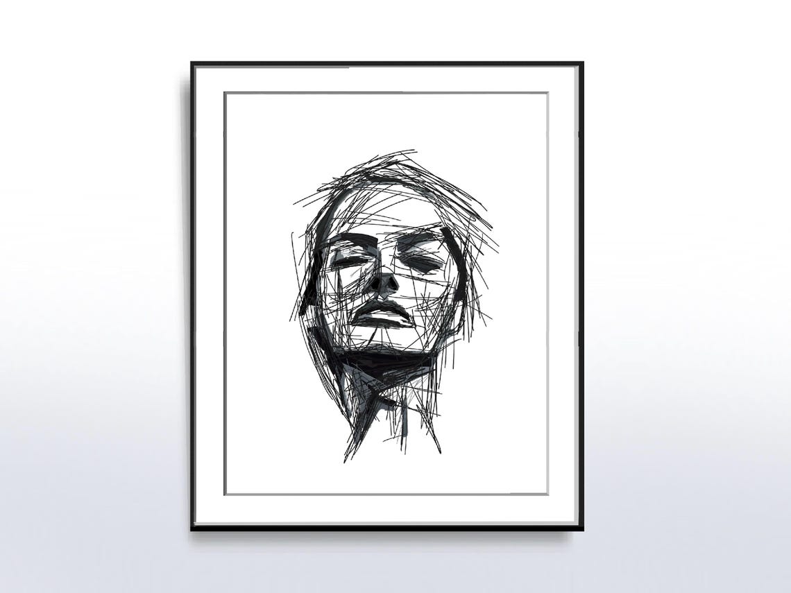 Black and White Scribble Line Art Portrait of a Woman's Face Poster