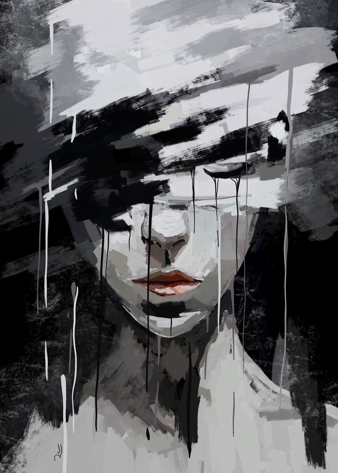 Abstract Woman Portrait In Black White Paint Brushstrokes Poster - Image 3